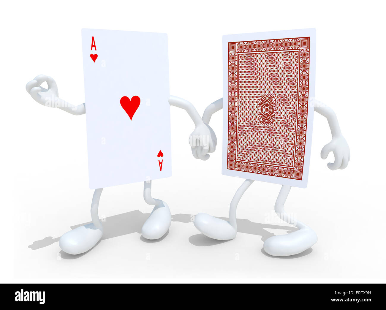 two playing card with arms and legs that walk hand in hand, isolated 3d illustration Stock Photo