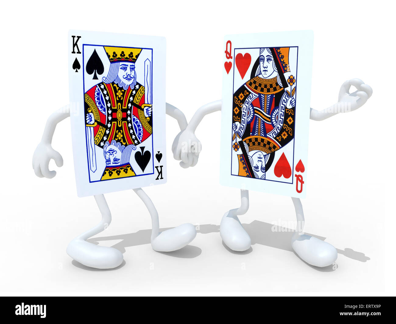 two playing cards with arm and legs that walk hand in hand, isolated 3d illustration Stock Photo