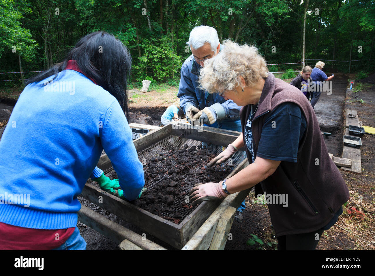 Archaeologists dry sieving in a shaker frame on a dig Stock Photo