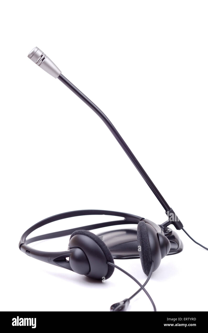 The black generic headphones and microphone isolated on white Stock