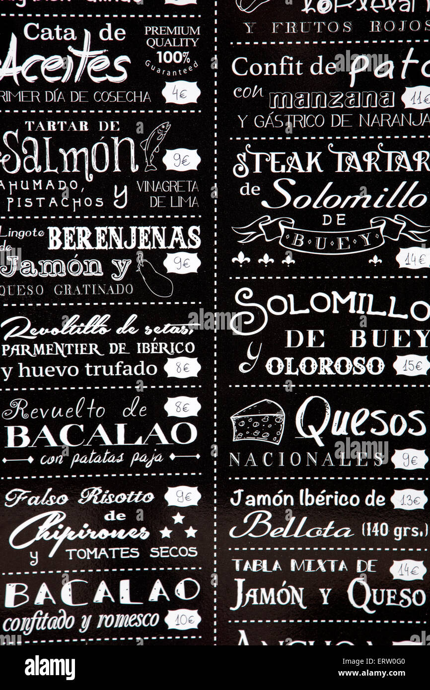 Food Menu, Tapas Bar, Ubeda, Andalusia, Spain Stock Photo