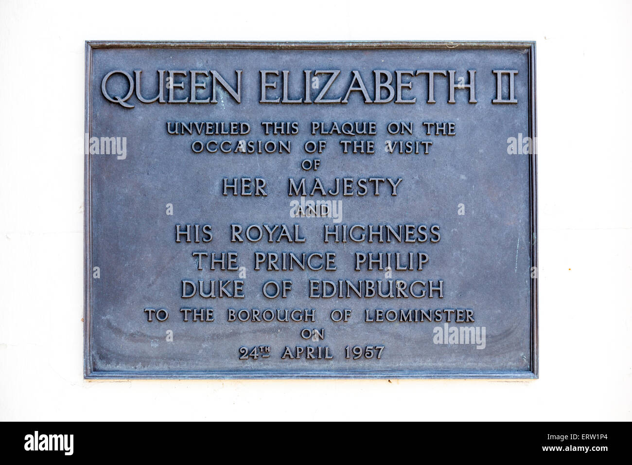 Plaque commemorating the visit of The Queen, Elizabeth II, to Leominster, located at Grange Court, Leominster, Herefordshire Stock Photo