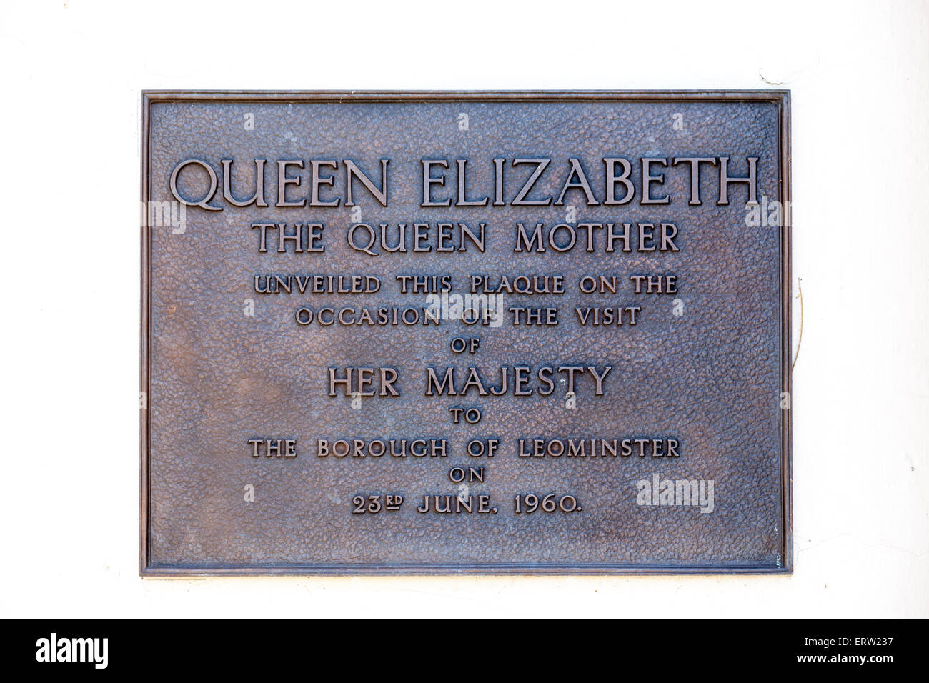 Plaque commemorating the visit of The Queen Mother to Leominster, located at Grange Court, Leominster, Herefordshire Stock Photo