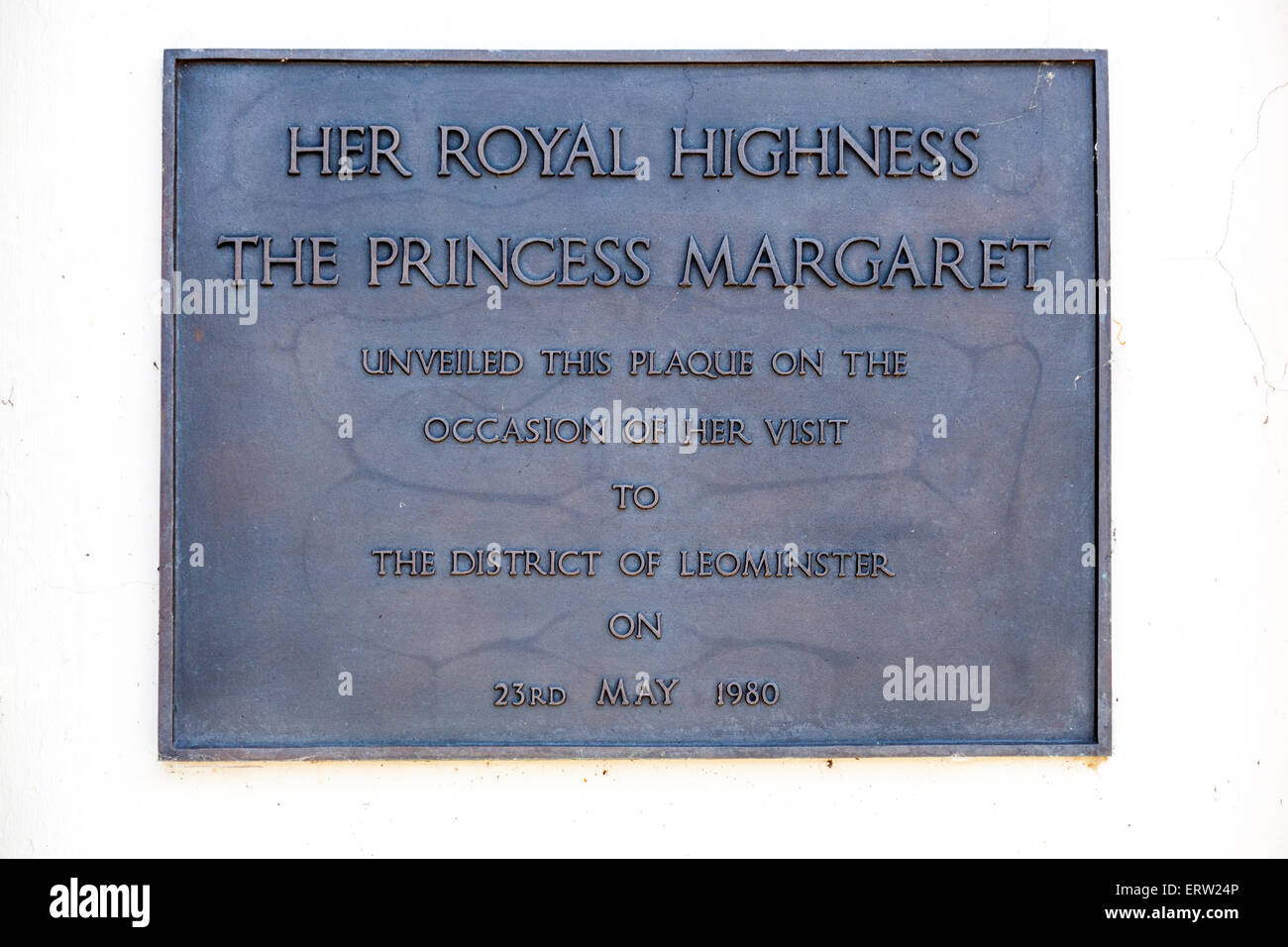 Plaque commemorating the visit of The Princess Margaret to Leominster, located at Grange Court, Leominster, Herefordshire Stock Photo