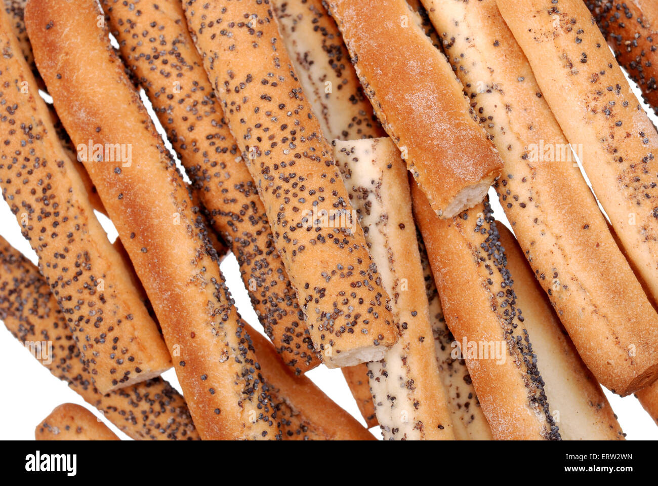Stack of salted breadsticks with poppy seed isolated on white Stock Photo Alamy