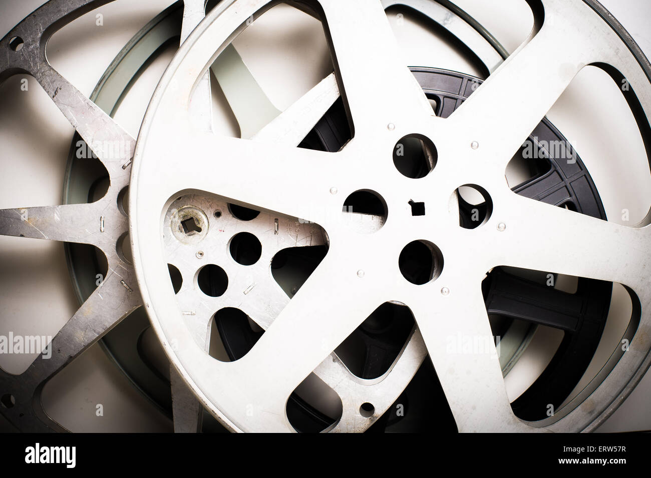 Movie film reels empty vintage effect on neutral background Stock Photo