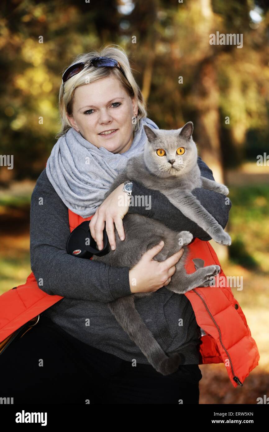 woman with British Shorthair Stock Photo