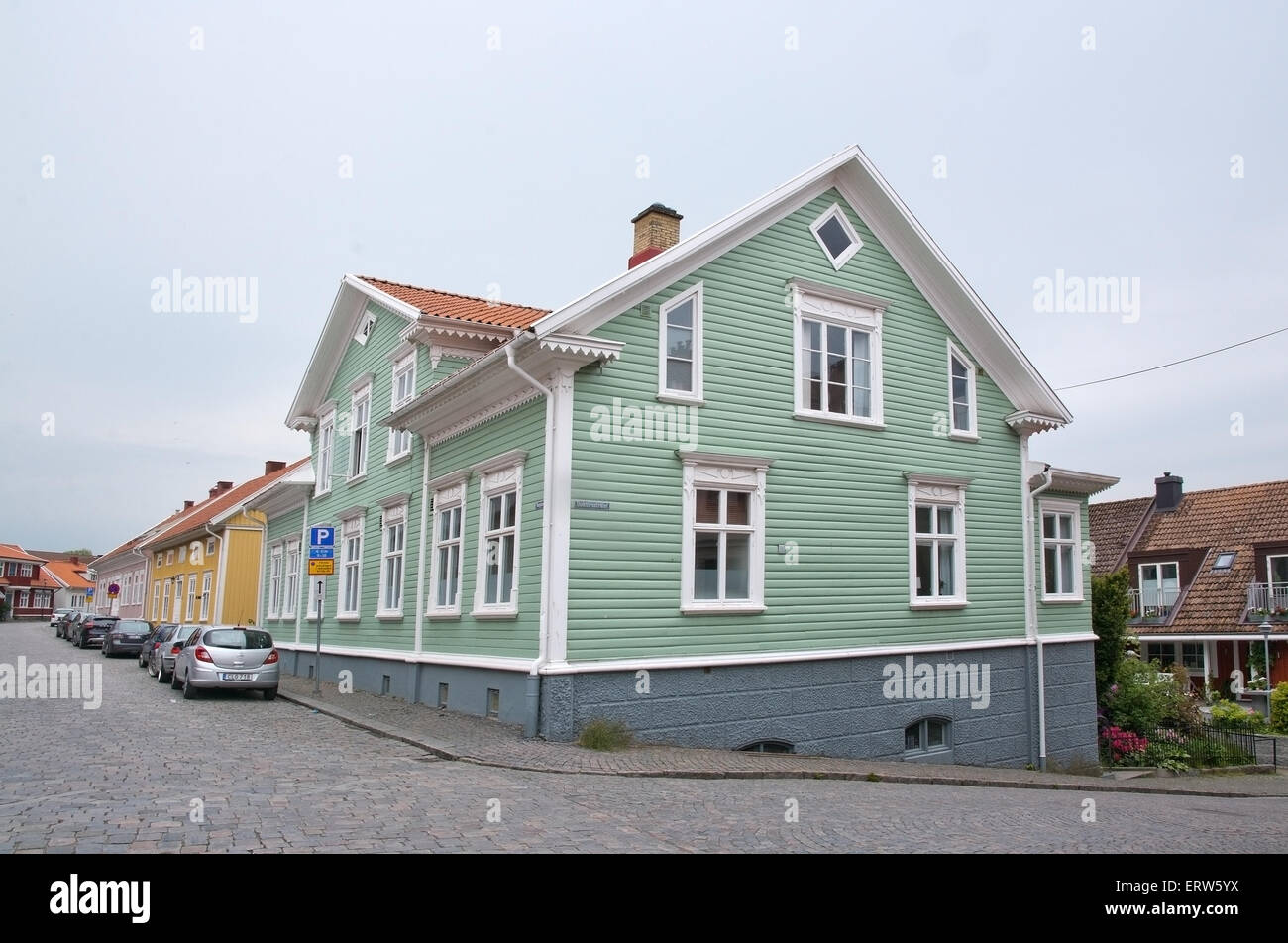 FALKENBERG, SWEDEN JUNE 6, 2015 Green wooden home in central town on