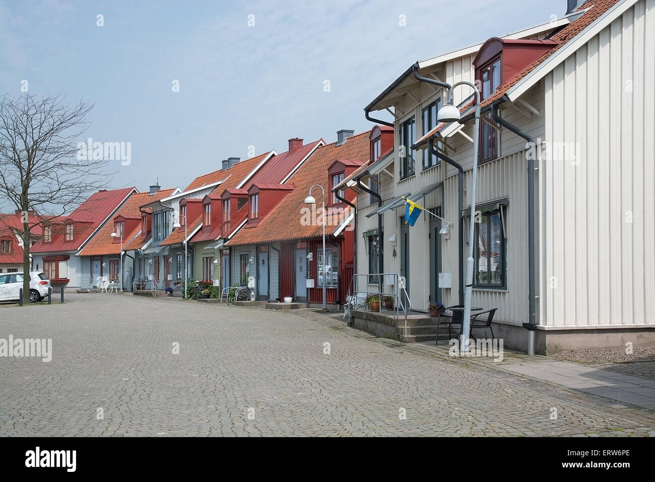 FALKENBERG, SWEDEN - JUNE 6, 2015: Picturesque colorful homes in Old Town on June 6 in Falkenberg, Sweden. Stock Photo