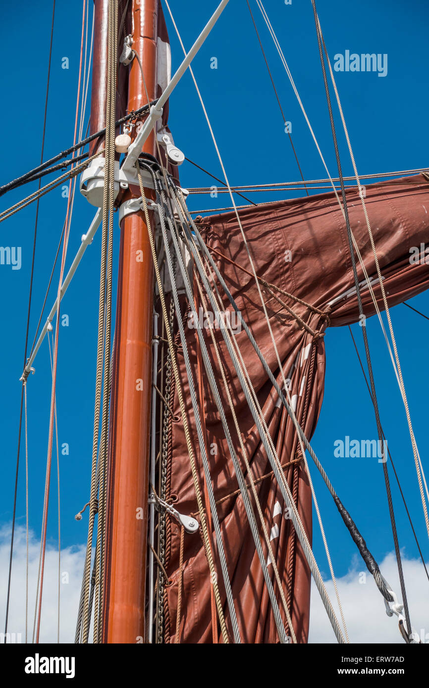Mast Sails Rigging Thames Barge 'Greta' moored in Whitstable Harbour Stock Photo