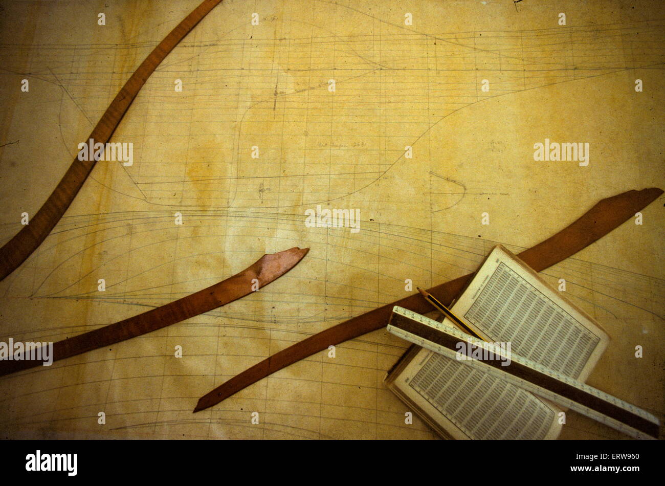 AJAX NEWS PHOTOS - 1987. GLASGOW, SCOTLAND. - SAILING HISTORY - 1881 DRAWING INSTRUMENTS, WOODEN SWEEPS AND TABLES USED BY NAVAL ARCHITECT GEORGE LENNOX WATSON LYING ON LINES PLAN OF THE YACHT BRITANNIA. PHOTO:JONATHAN EASTLAND/AJAX REF:HD/ 21501/1/55 Stock Photo