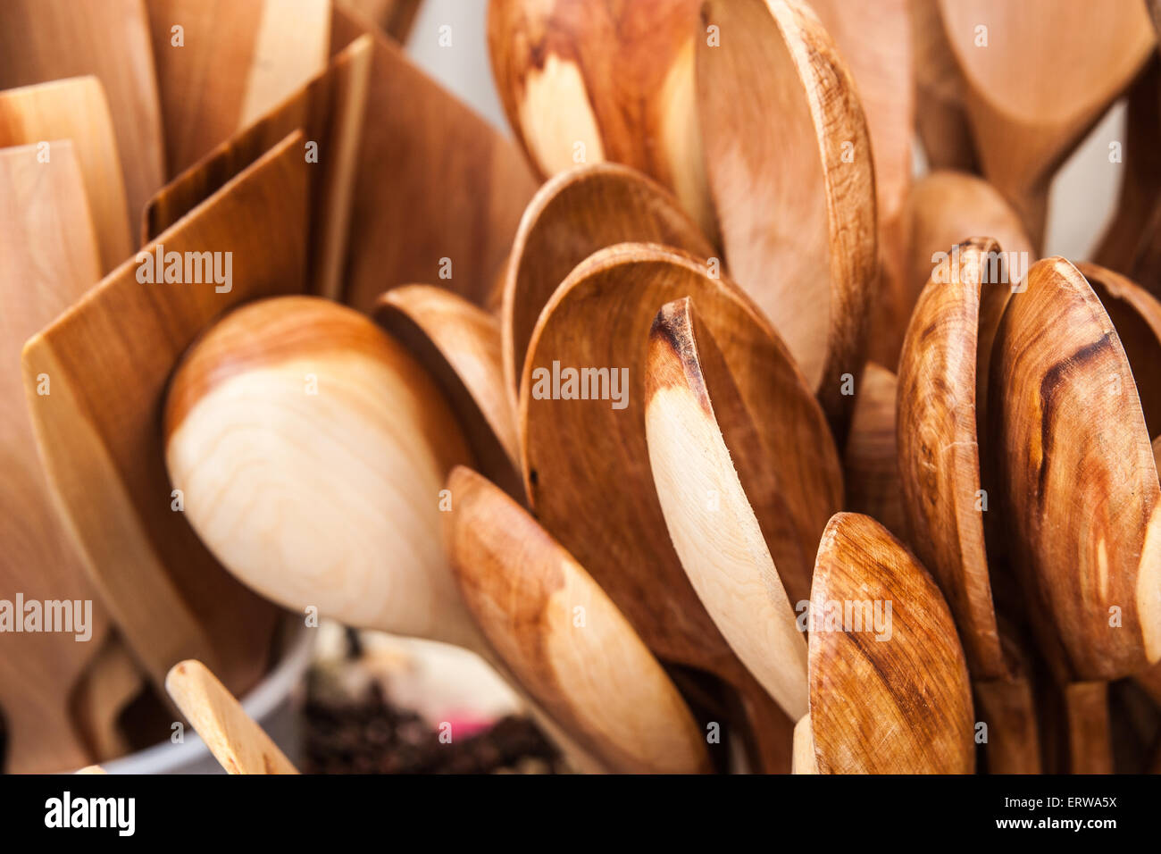 Wooden spoons on display for sale at a local fair Stock Photo Alamy
