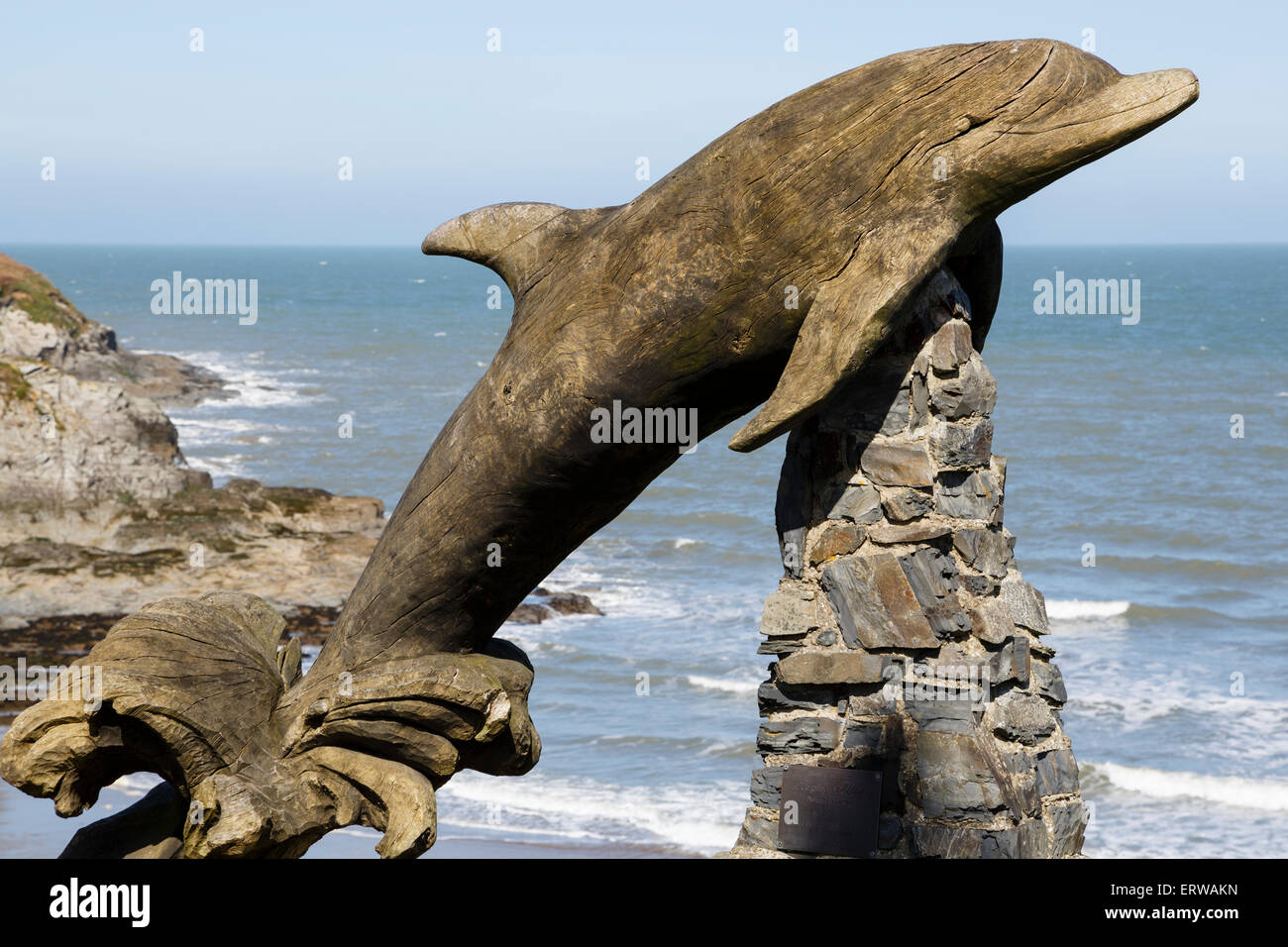 Leaping dolphin sculpture, Aberporth, Ceredigion, Wales Stock Photo