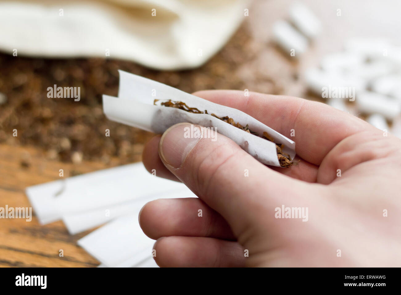 Rolling cigarettes with filters papers and plenty finely cut tobacco