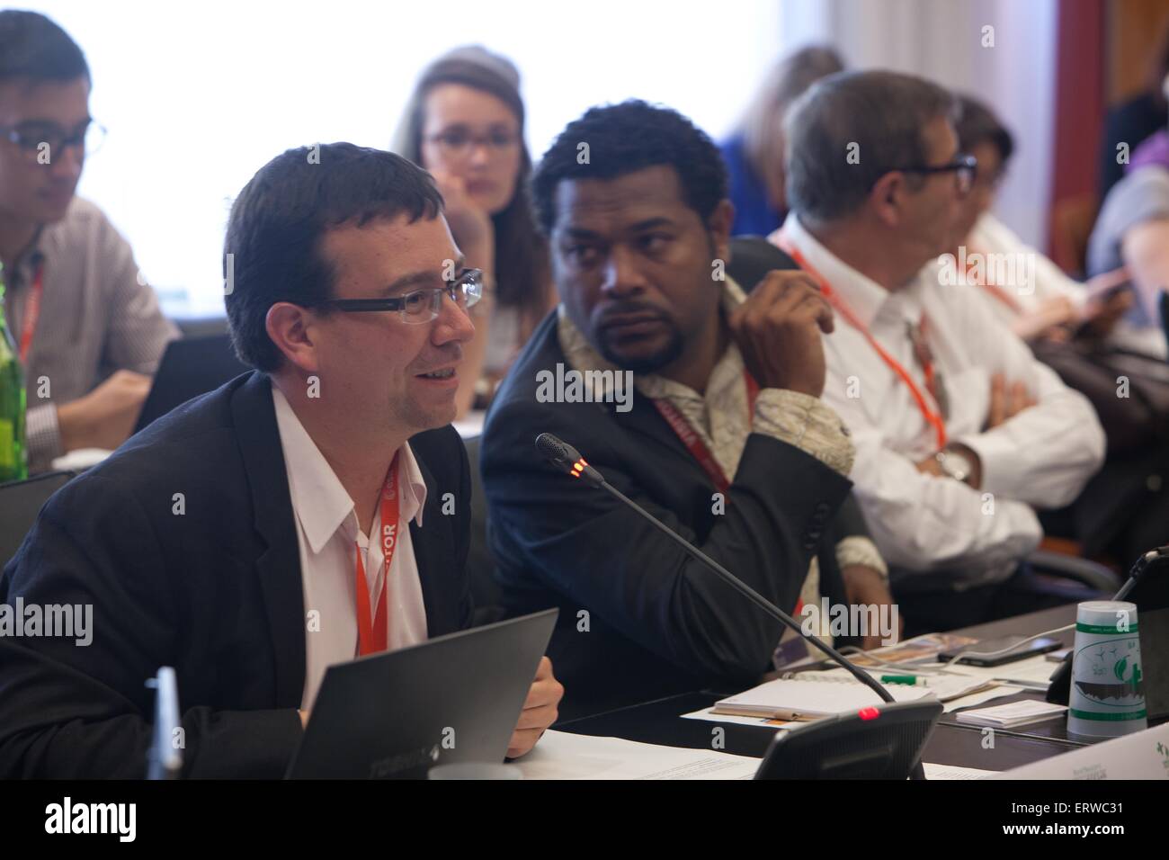 Paris, France. 8th June, 2015. Green Cross, World Ocean Day Symposium, Paris Climate 2015, Ocean Objective proposition from the Blue Economy Conference, Anthony Lecren Minister of environment of New Caledonia, Nicolas Imbert, Director Gren Cross France. Credit:  Ania Freindorf/Alamy Live News Stock Photo