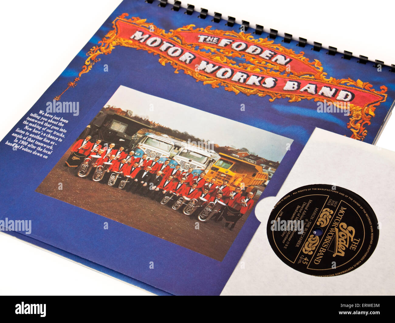 Foden Motor Works brass band page and 45rpm record in the company brochure from the early 1970's. Stock Photo