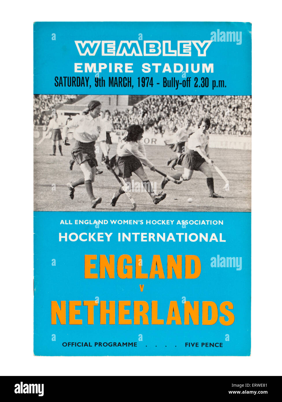 Programme of England versus Netherlands hockey international at Wembley Empire Stadium on 9th March 1974. Stock Photo