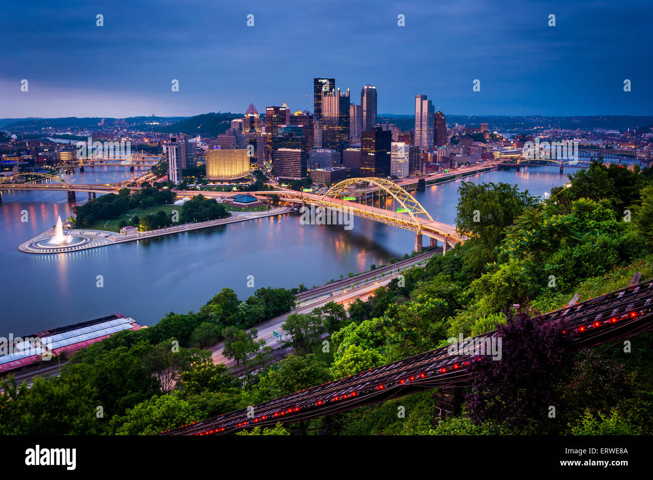 Evening view of Pittsburgh from the top of the Duquesne Incline in Mount Washington, Pittsburgh, Pennsylvania. Stock Photo