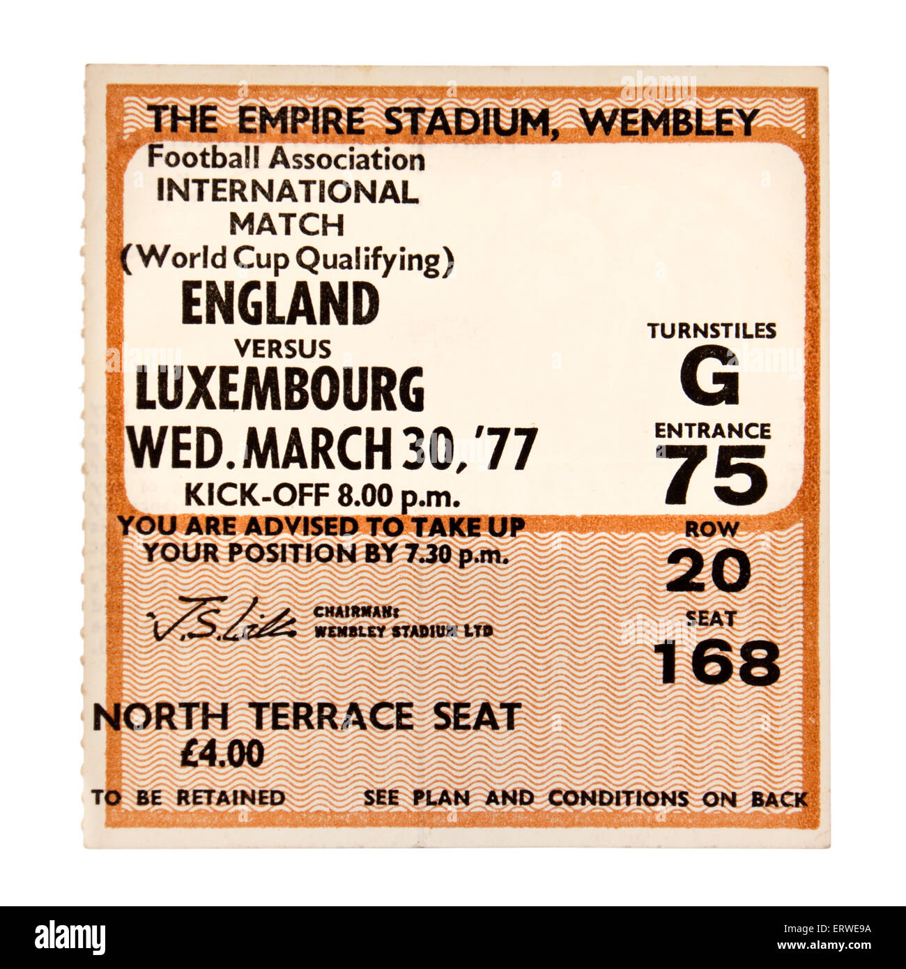 Vintage 'England versus Luxembourg' international football match ticket (1978 FIFA World Cup Qualifying) for 30th March 1977. Stock Photo