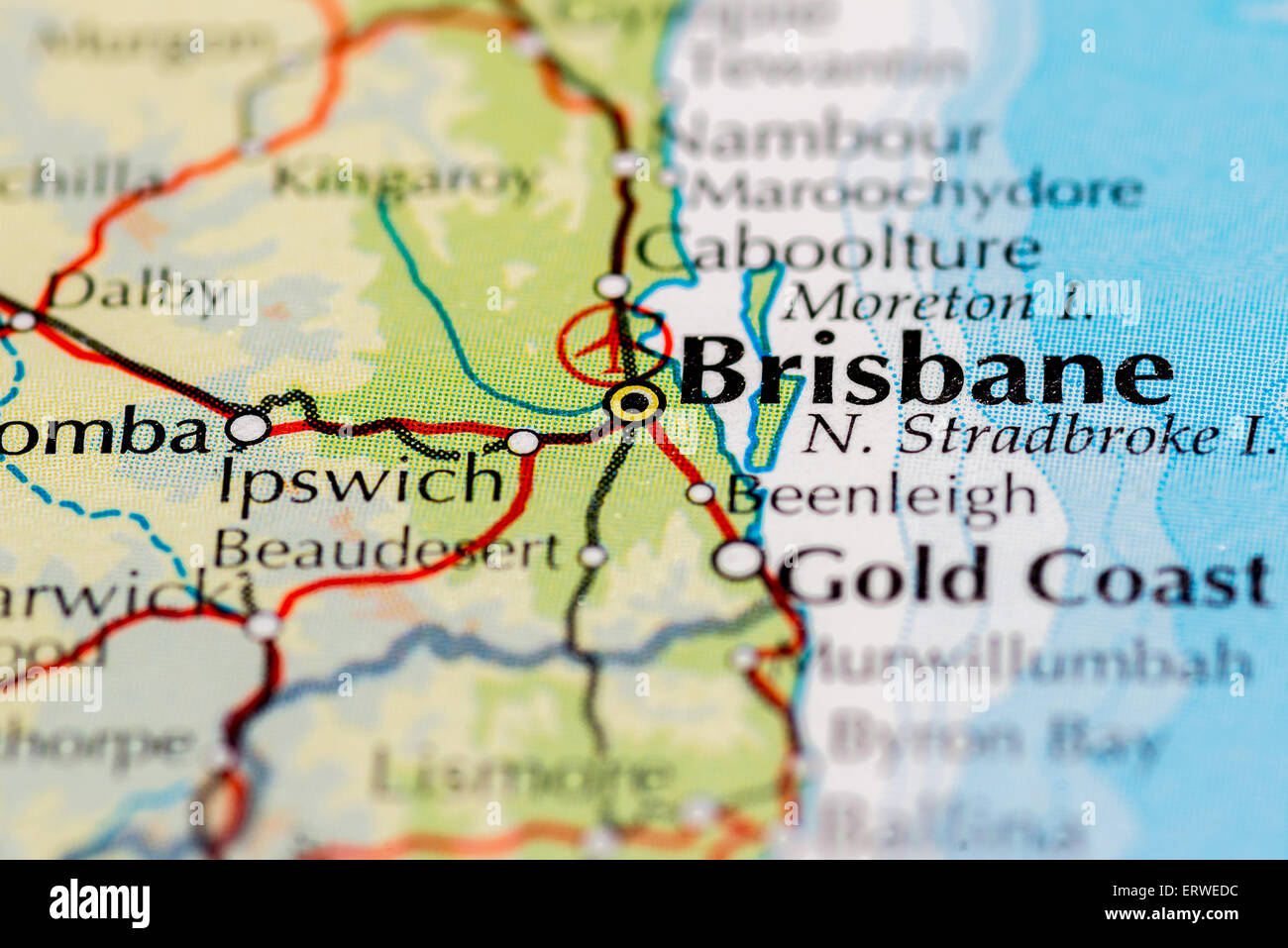 Close up of map of Brisbane on the East coast of Australia Stock Photo
