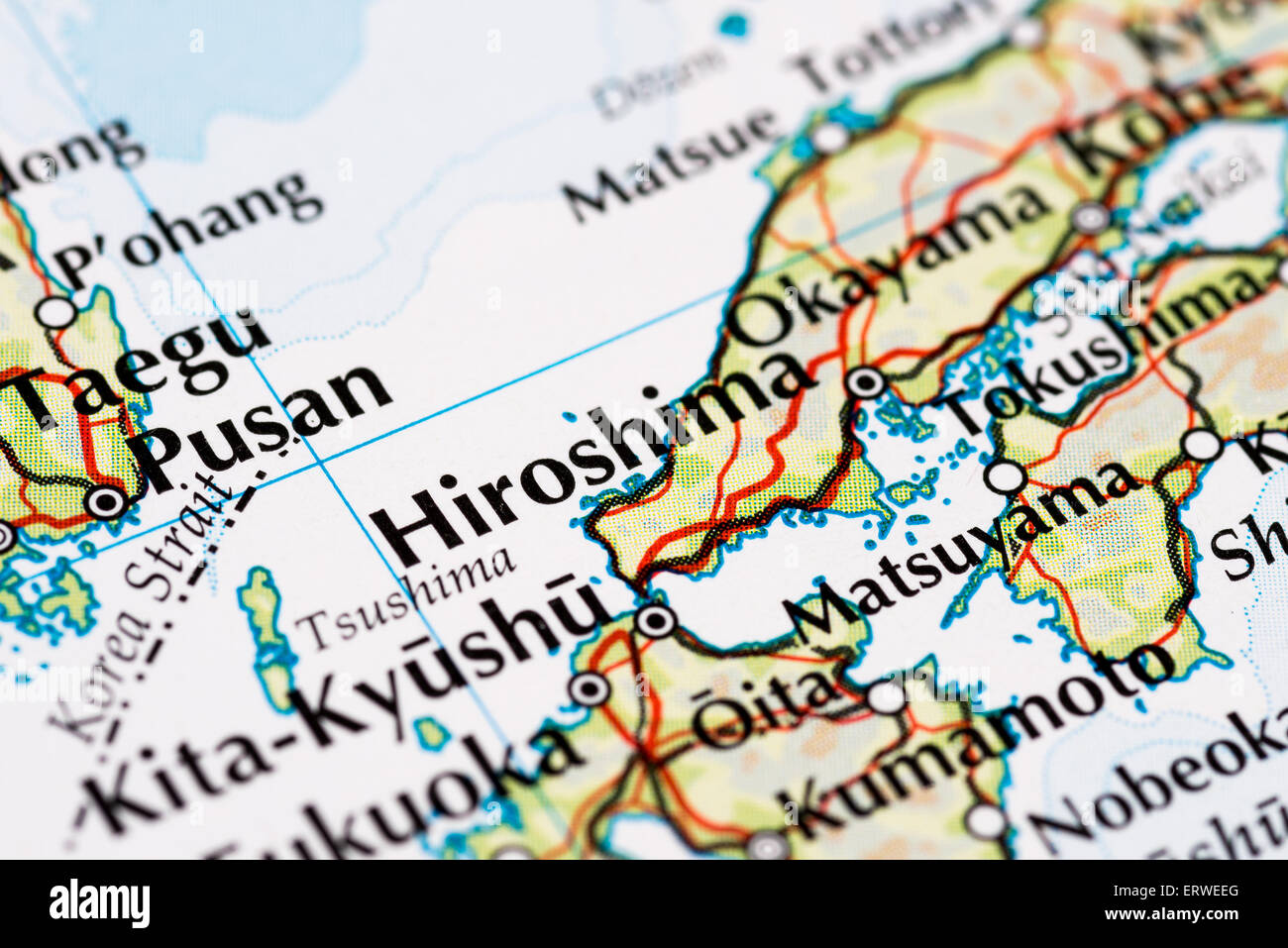 Close up of atlas map of Hiroshima, Japan Stock Photo