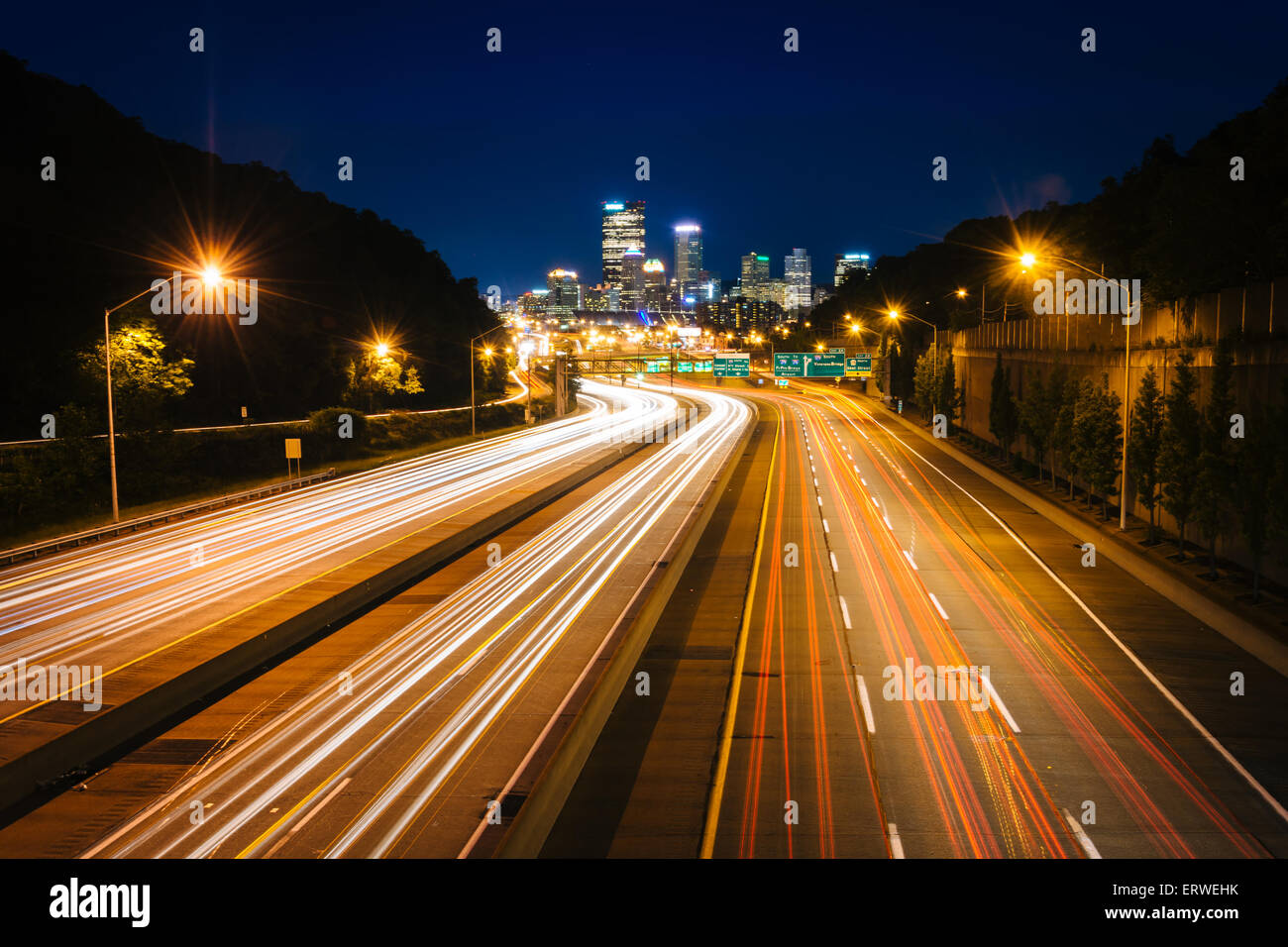 The Pittsburgh skyline and I-279 at night, in Pittsburgh, Pennsylvania. Stock Photo