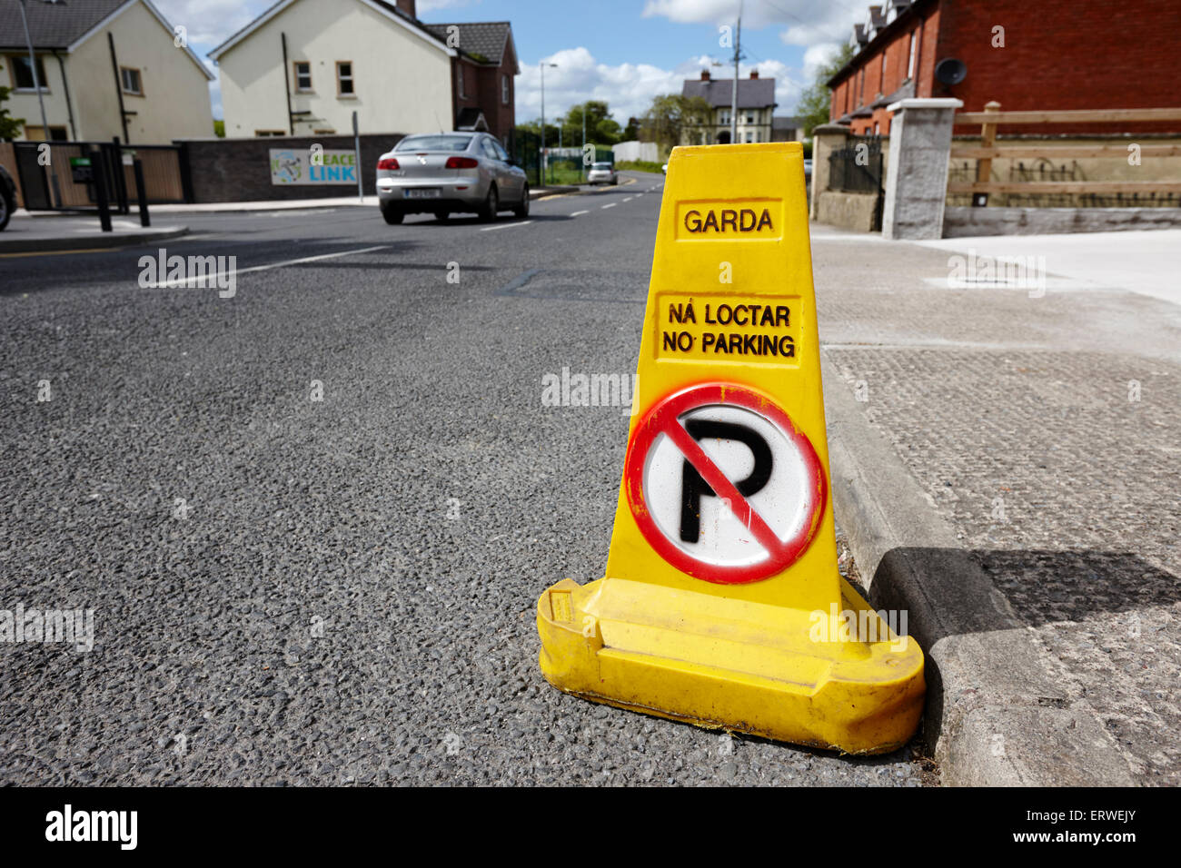 garda no parking traffic cones on a street in Clones county monaghan republic of ireland Stock Photo