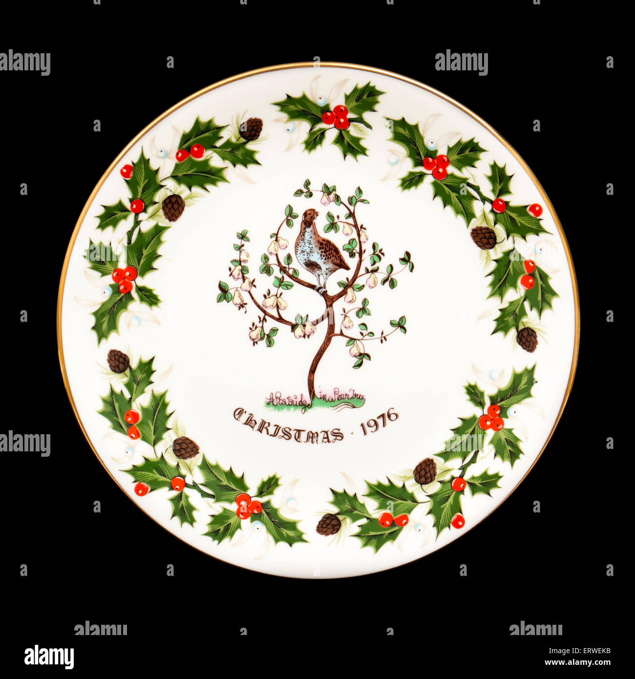 Vintage '12 Days of Christmas' themed collector plate by Royal Grafton pottery from 1976 with 'Partridge in a Pear Tree' design Stock Photo