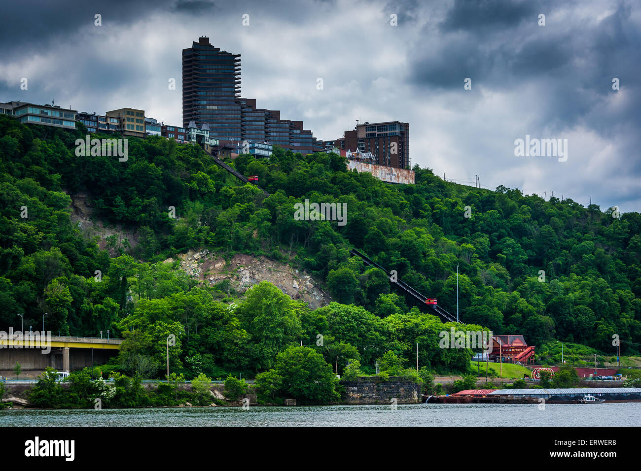 View of Duquesne Incline and Mount Washington from Point State Park, in Pittsburgh, Pennsylvania. Stock Photo