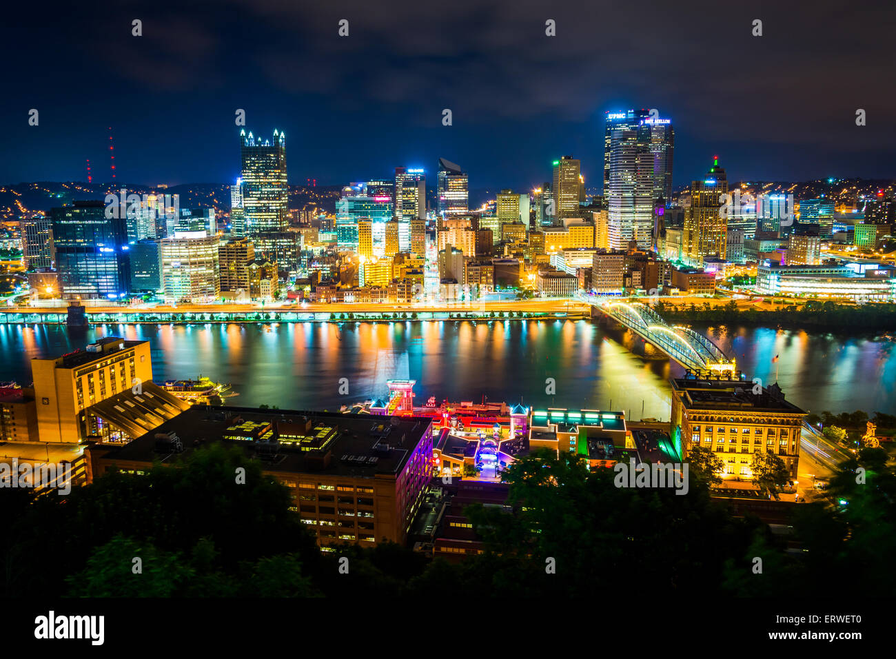 View of Pittsburgh at night from Grandview Avenue in Mount Stock Photo