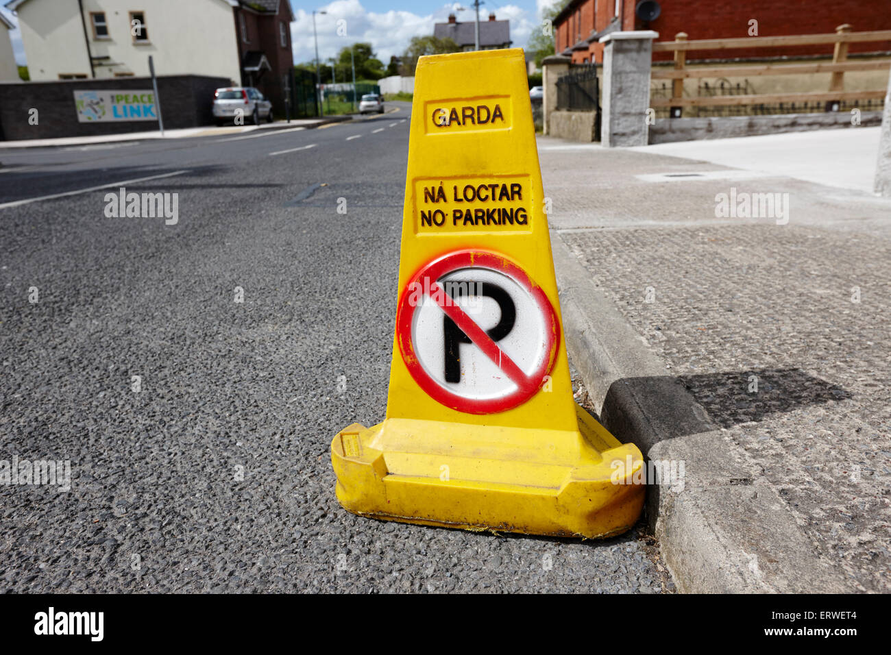 garda no parking traffic cones on a street in Clones county monaghan republic of ireland Stock Photo