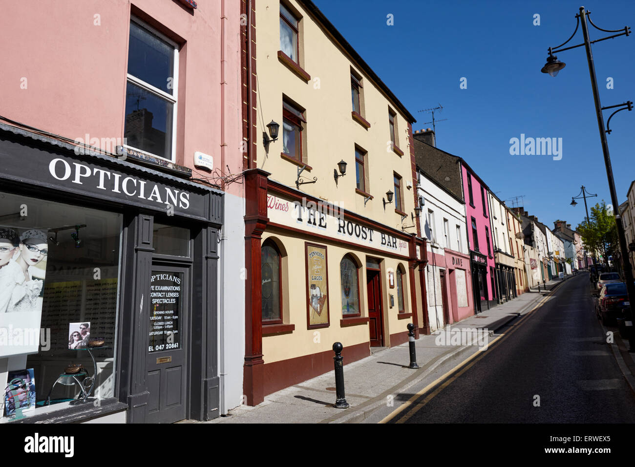 shops and the roost bar on steep fermanagh street Clones county monaghan republic of ireland Stock Photo