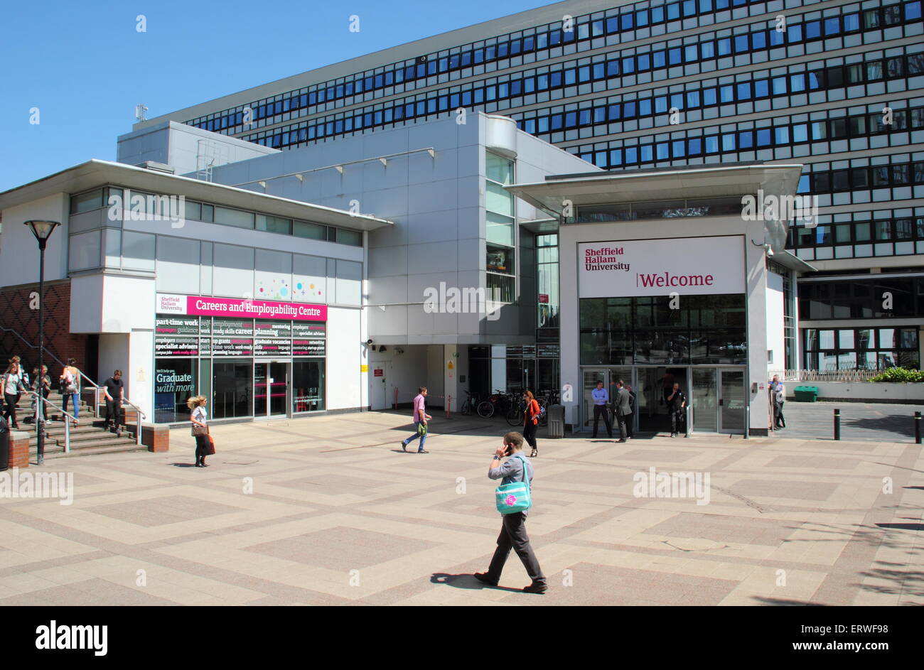 The entrance to Sheffield Hallam University, Howard Street campus, Sheffield, UK looking to the Careers & Employability Centre Stock Photo