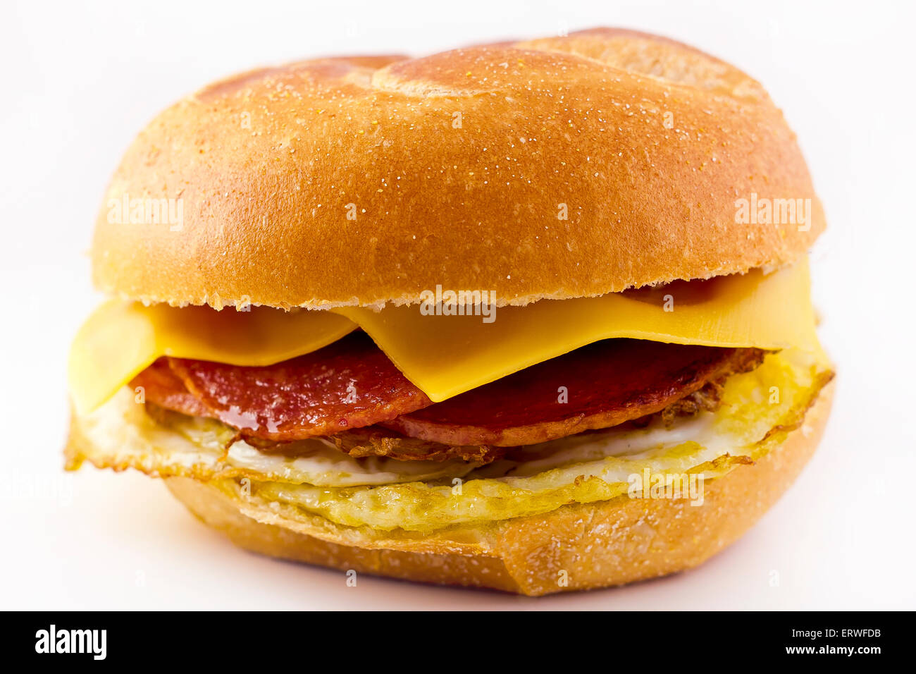 Taylor ham, pork roll, egg and cheese breakfast sandwich on a kaiser