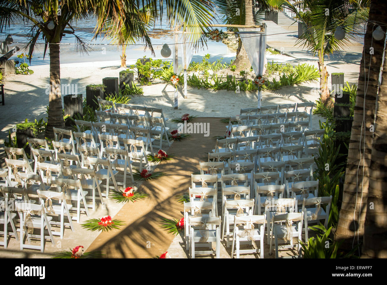 Wedding ceremony location on the beach at the Las Terrazas Resort and Residences on the island of Ambergris Caye, Belize. Stock Photo