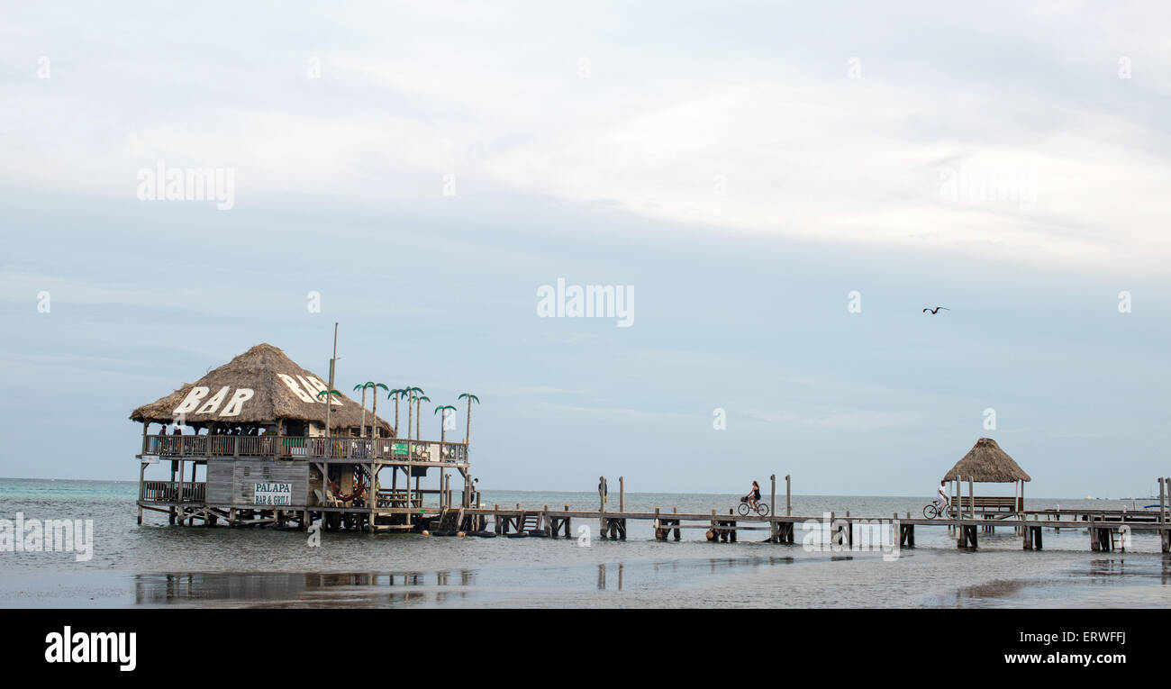 The Palapa Bar and Grill on the island of Ambergris Caye, Belize. Stock Photo