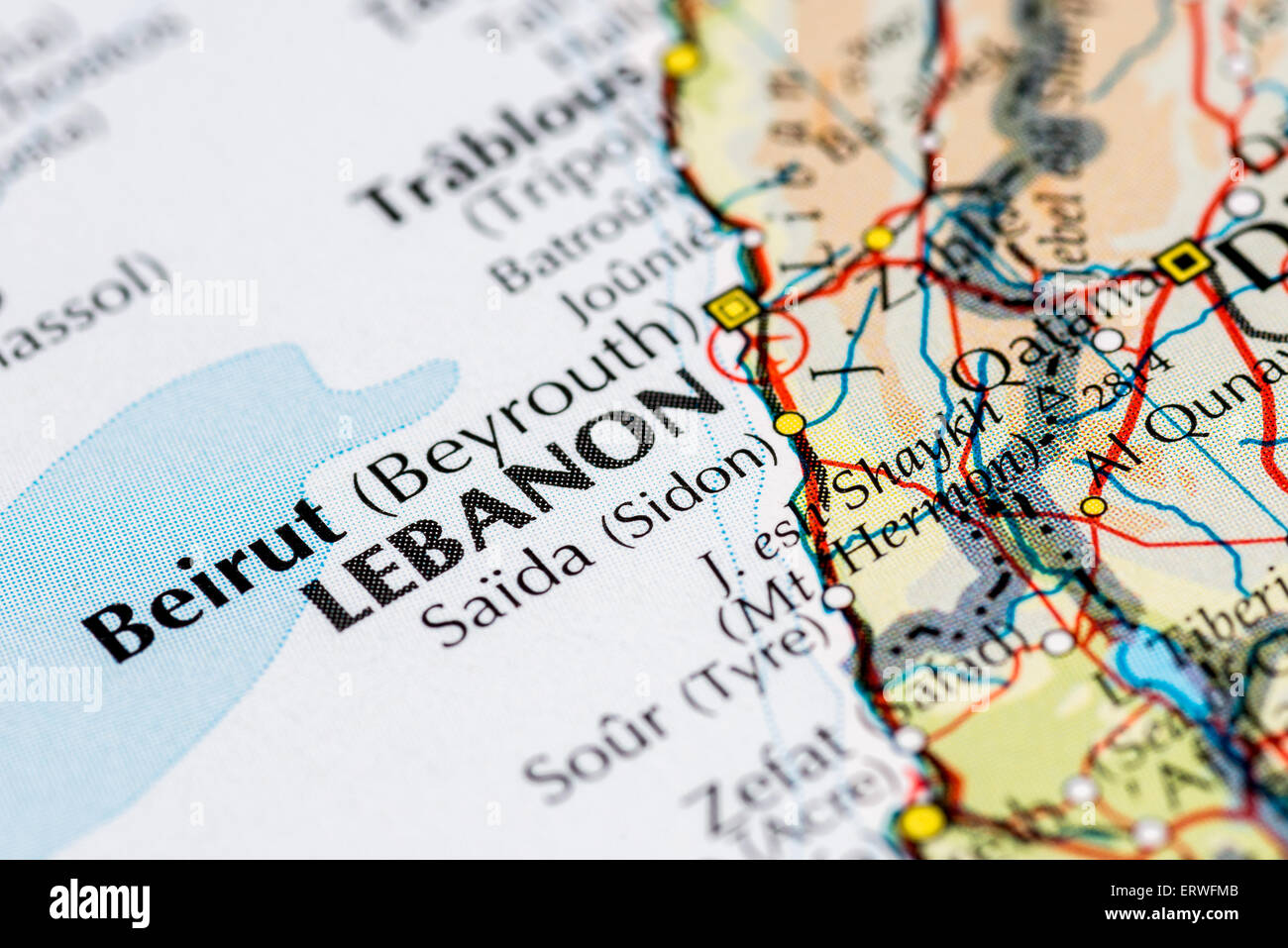 Close up map of Beirut and the Lebanon Stock Photo