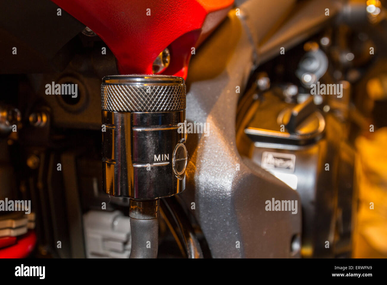 motorbike parts with minimum brake fluid Stock Photo