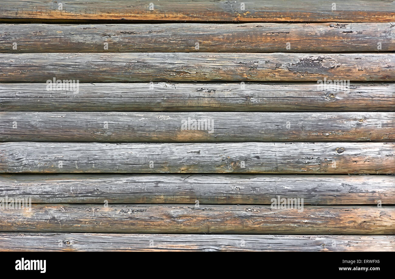 Fragment of the old wooden walls of pine logs. Texture of the old log walls. Stock Photo