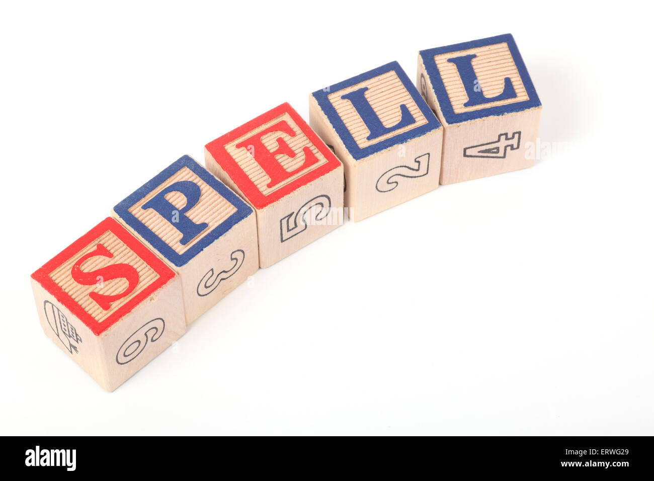 The word 'SPELL' spelt out with Children's building blocks Stock Photo