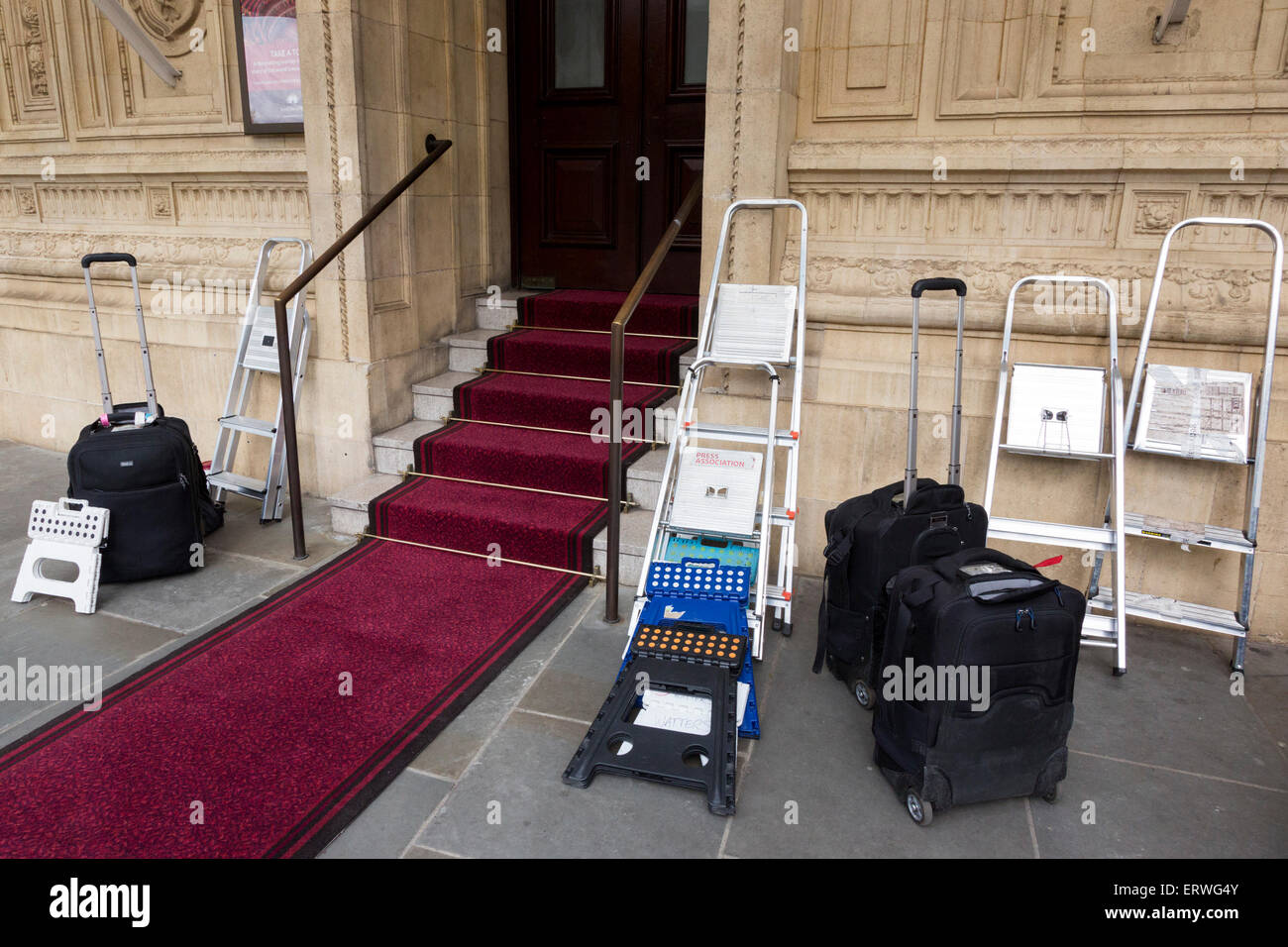 Press photographers' ladders, folding stools and bags ahead of a red carpet celebrity arrival, Royal Albert Hall, London, England, UK Stock Photo