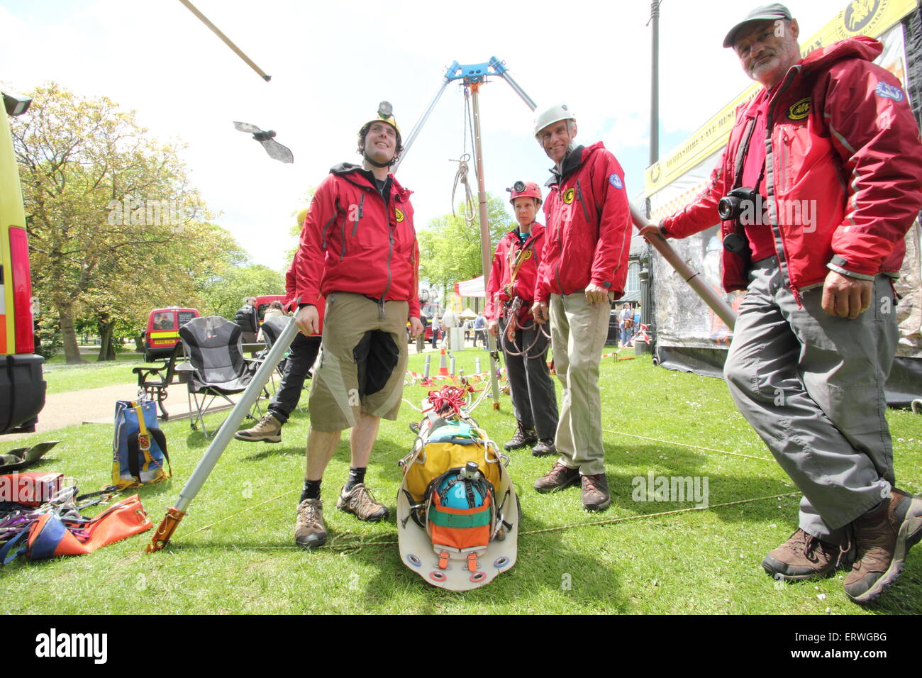 Members of Derbyshire Cave Rescue Organisation prepare to give a demonstration at Emergency Service Day, Buxton,Derbyshire UK Stock Photo