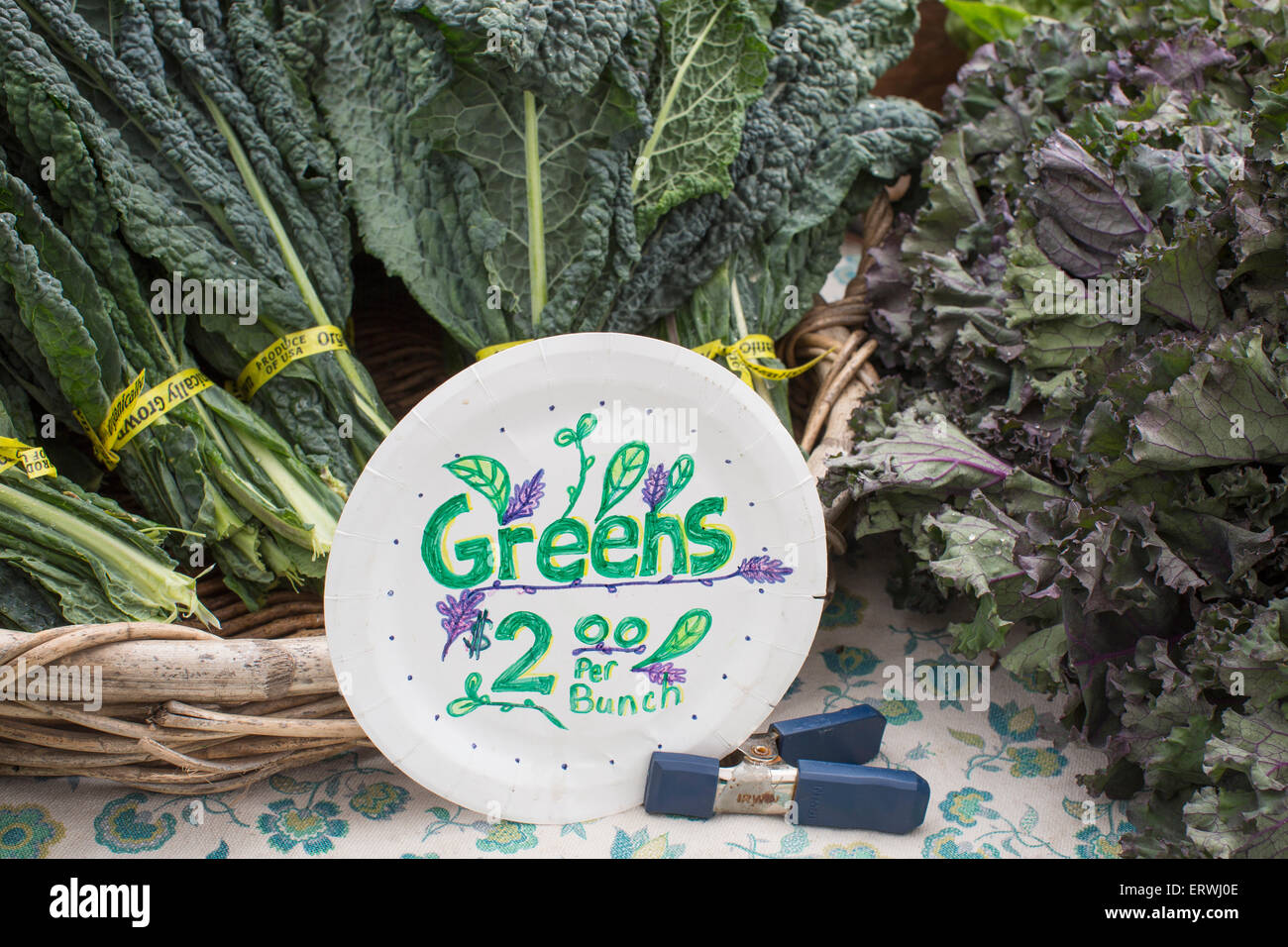 Fresh organically grown Tuscan kale and other greens at Ferry Building farmer's market, San Francisco. Stock Photo