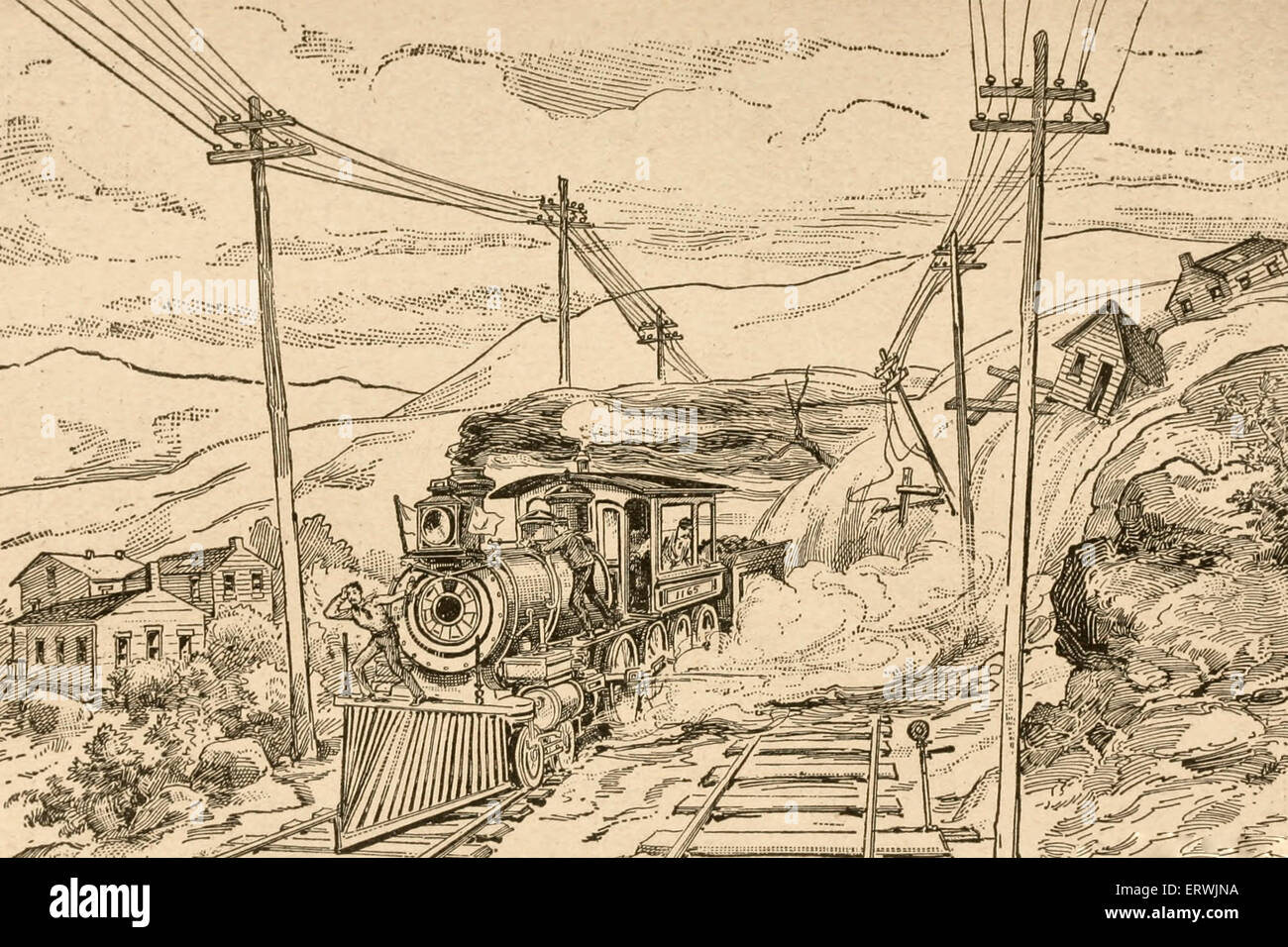 Fleeing Engine - A locomotive fleeing the onrush ing water - Johnstown Flood, 1889 Stock Photo