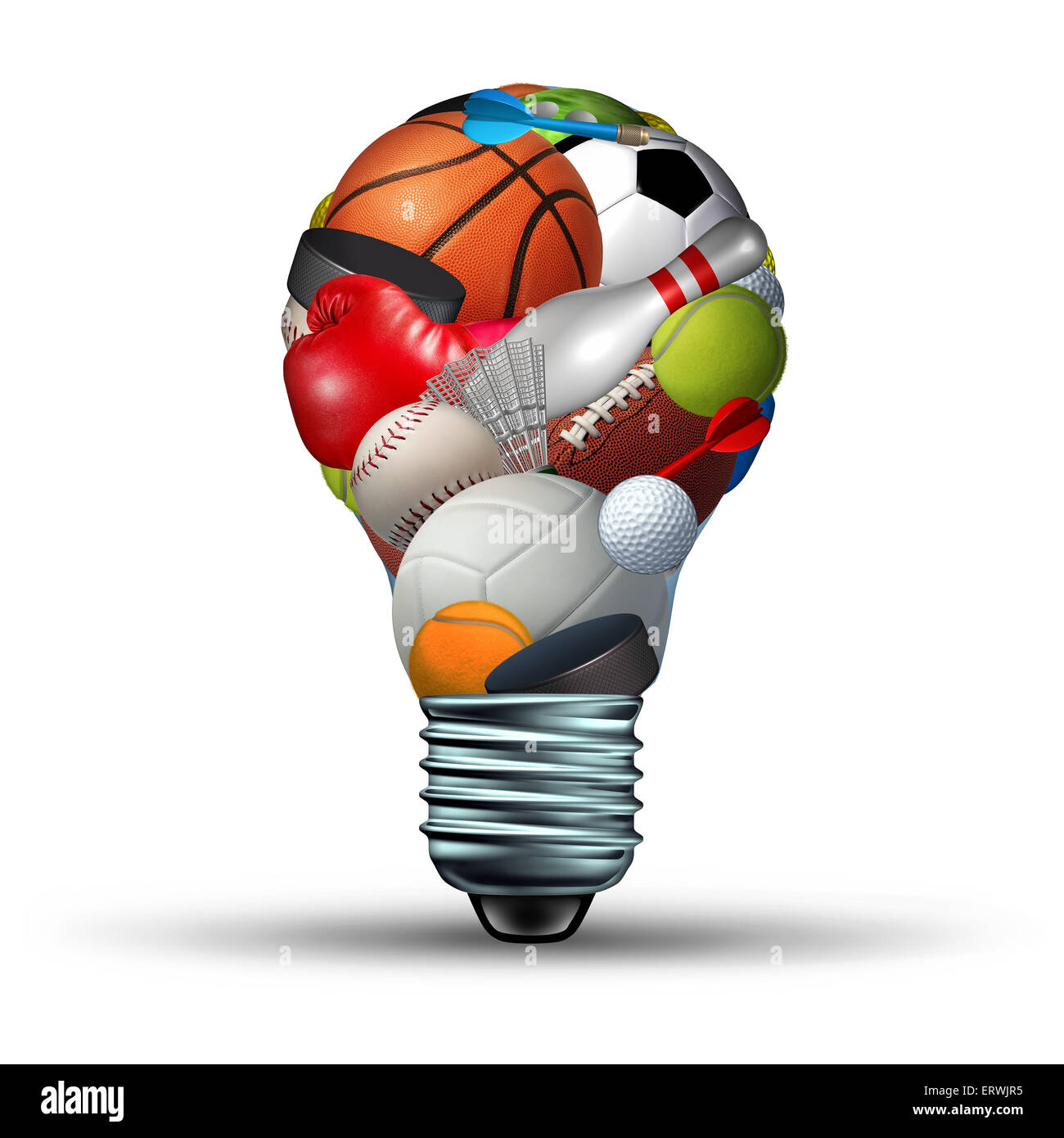 Sports activity ideas concept as a lightbulb shape on a white background with sports equipment as football soccer basketball boxing golf tennis  as a symbol for physical fitness and exercise for a healthy leisure active lifestyle. Stock Photo