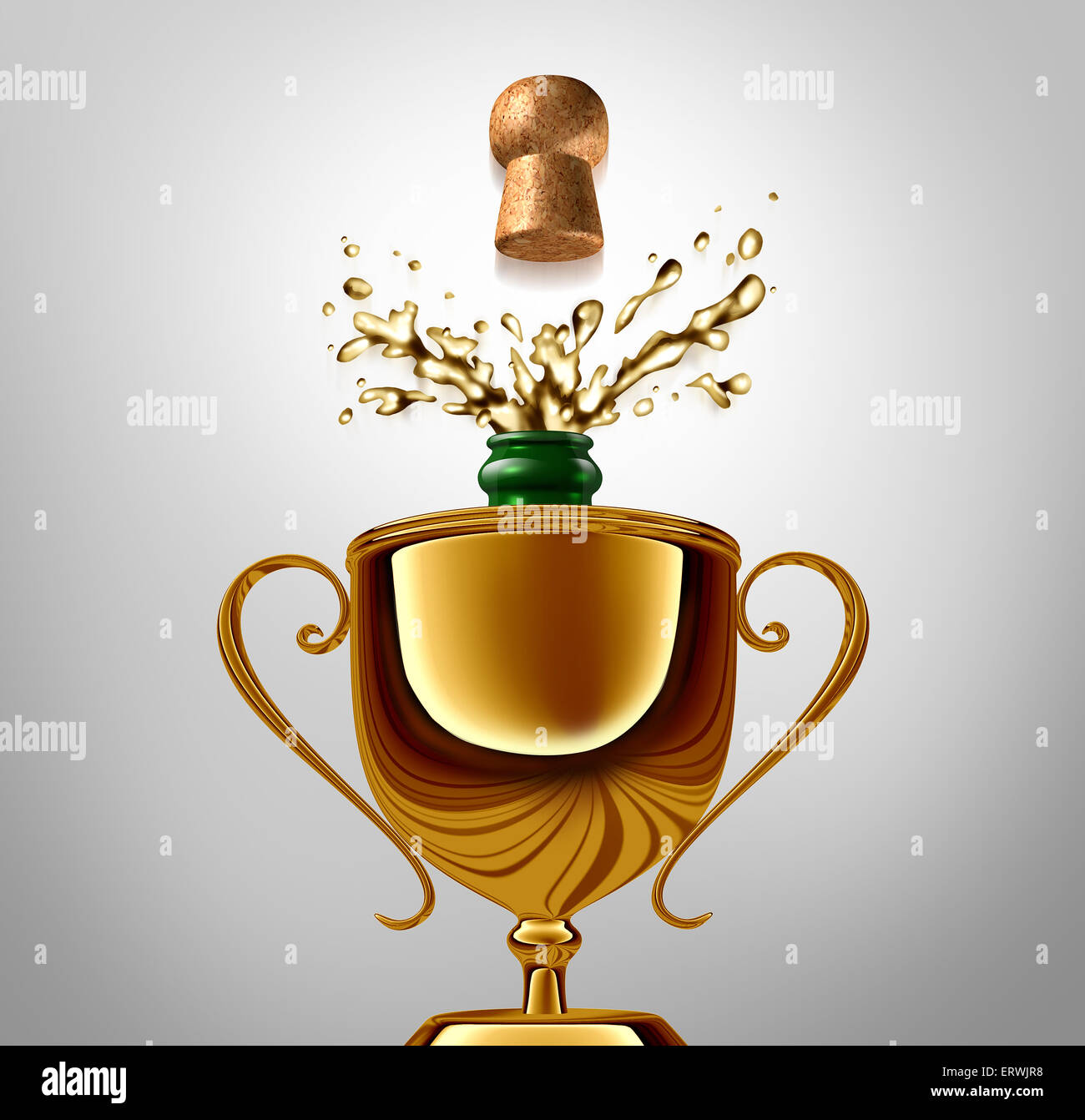 Winner celebration concept as a golden trophy with an uncorked champagne bottle inside as an achievement metaphor and success symbol celebrating a win or happy event. Stock Photo