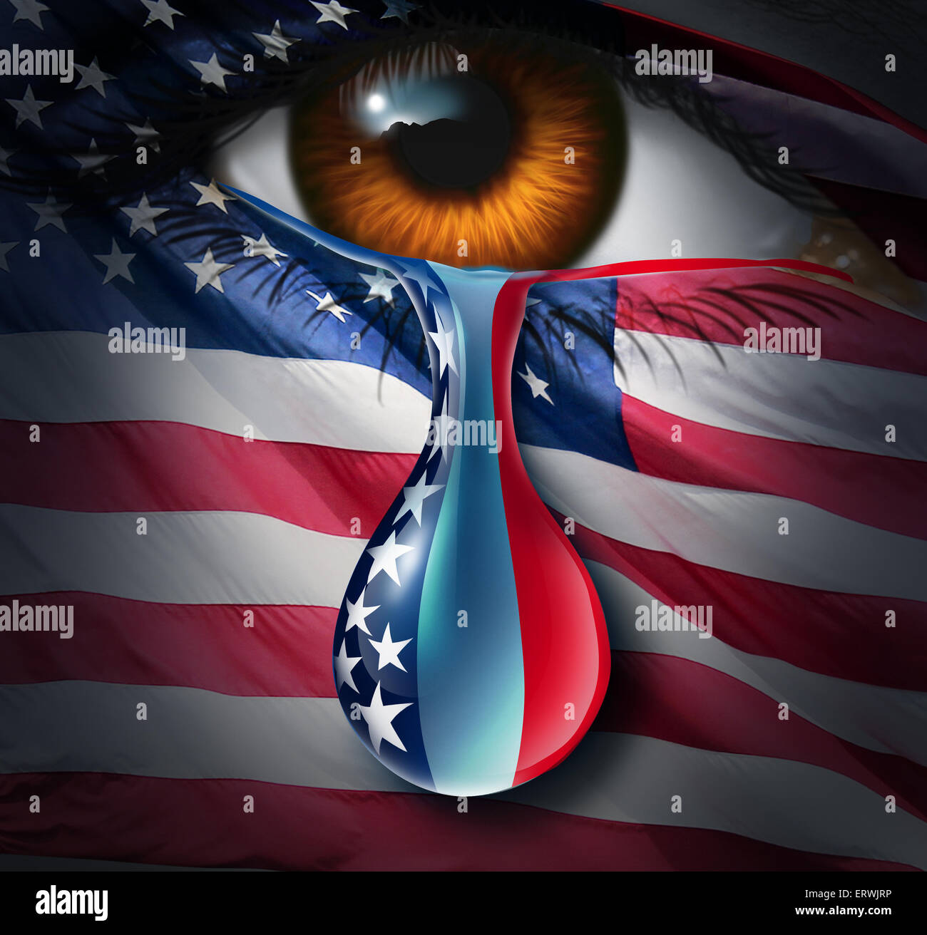 American social crisis and grief or violence in the United States concept as a human eye with a US flag crying a tear of sorrow Stock Photo