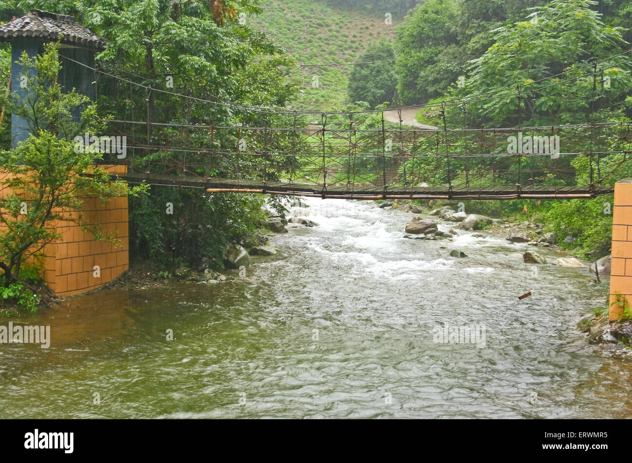 The suspension bridge over a mountain river Stock Photo - Alamy