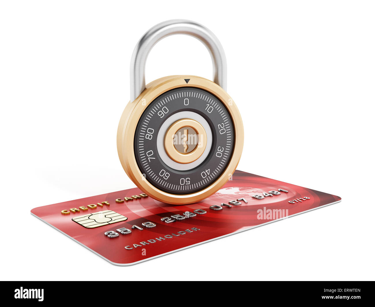 Safe combination lock on credit card isolated on white background Stock