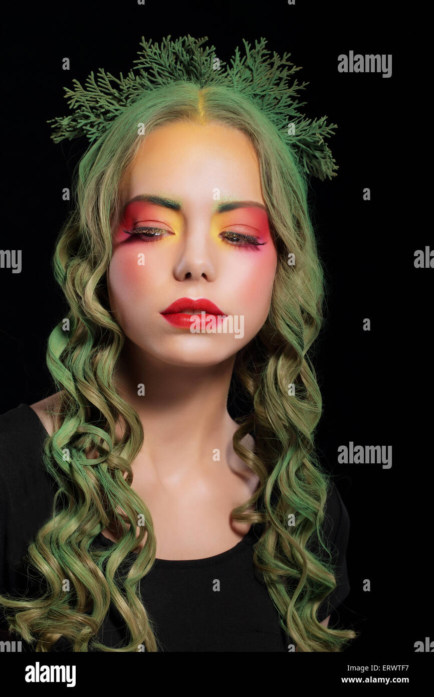 Stylish Woman with Dyed Hairs and Extravagant Makeup Stock Photo - Alamy